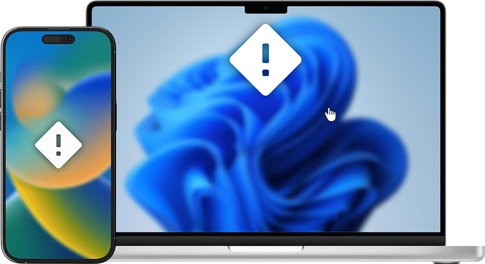 phone and laptop with warning on screen