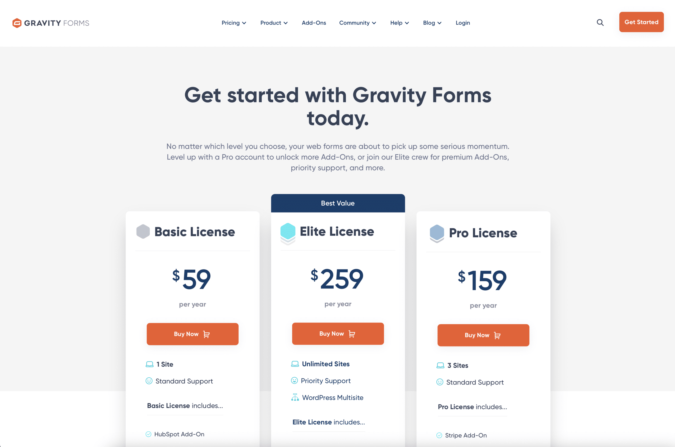 Gravity Forms website costs page