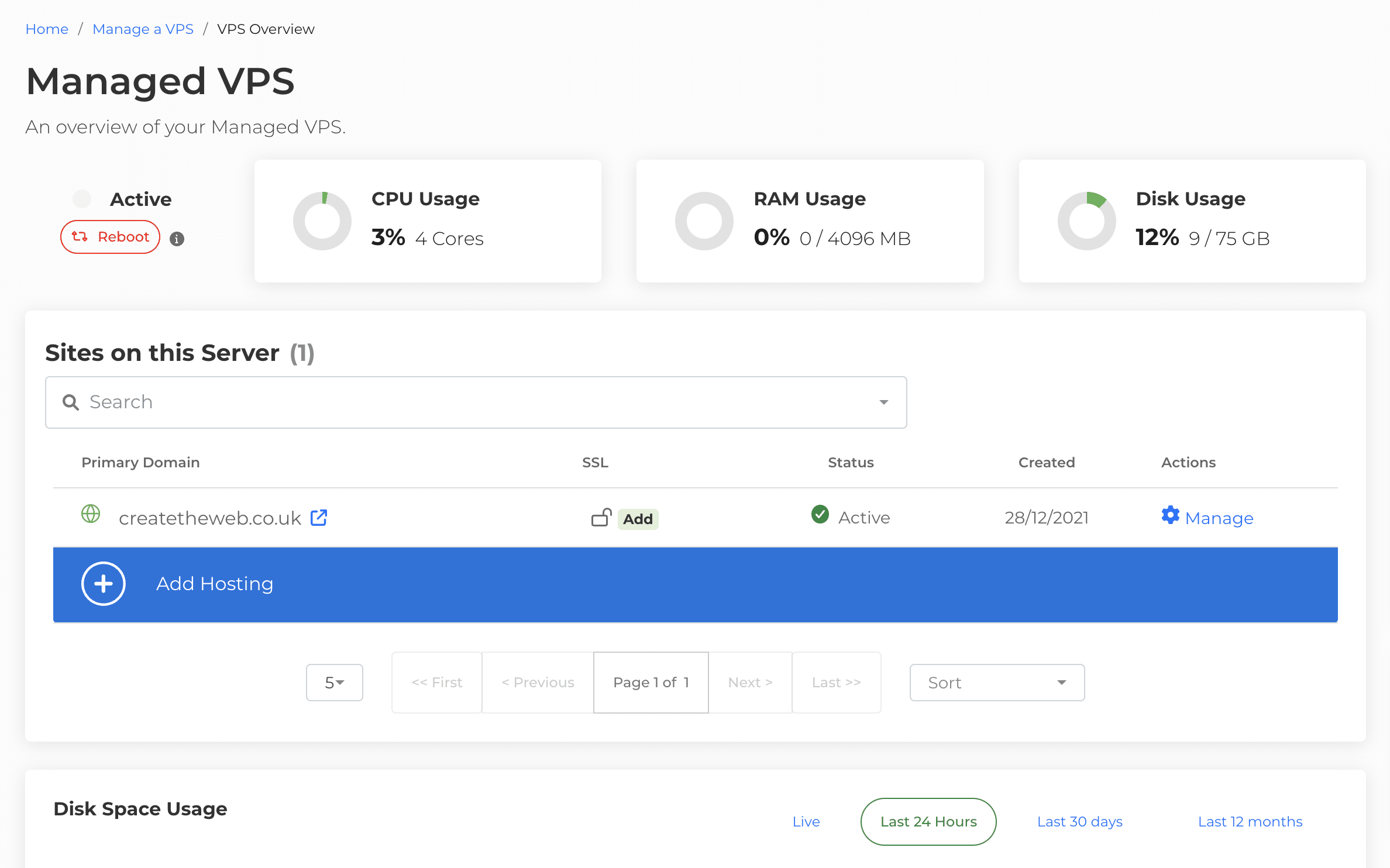 vps website hosting dashboard