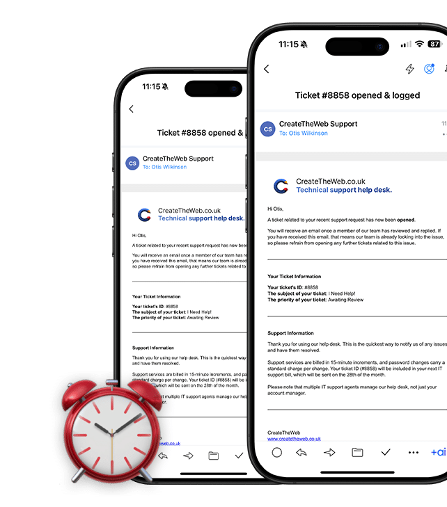 two iphones showing emails and a clock emoji over the top of them to demonstrate ad hoc IT support