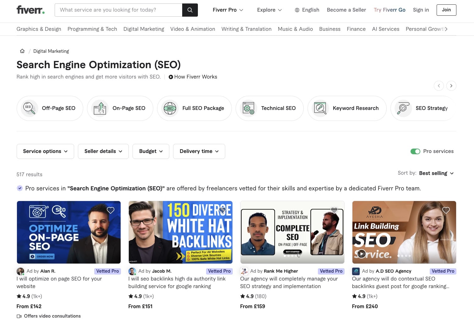 Screenshot of SEO freelancers on Fiverr