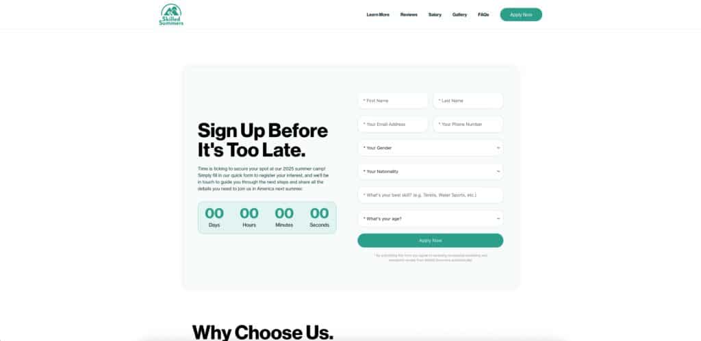 skilled summers landing page screenshot