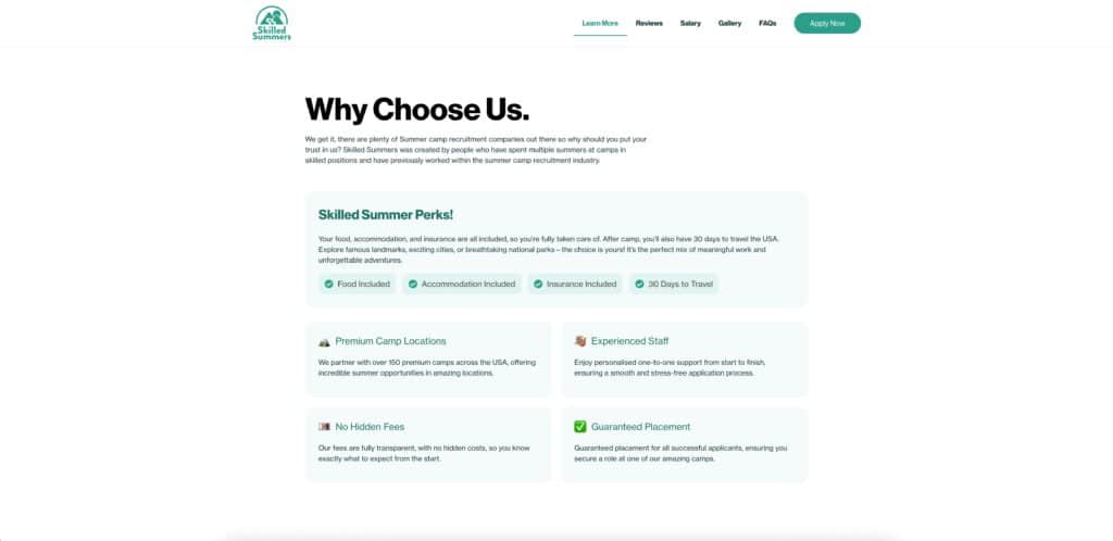skilled summers landing page screenshot
