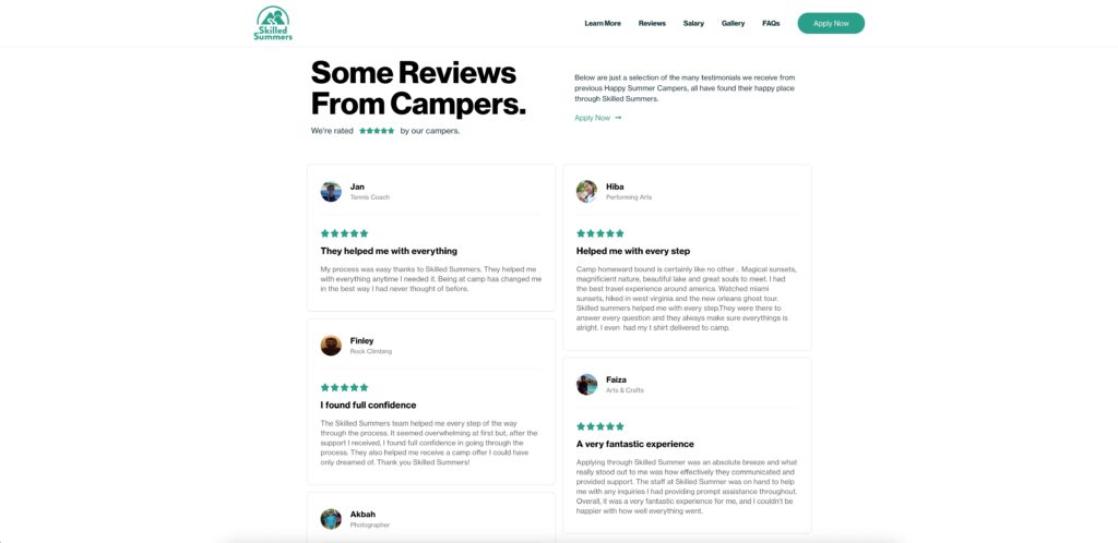 skilled summers landing page screenshot