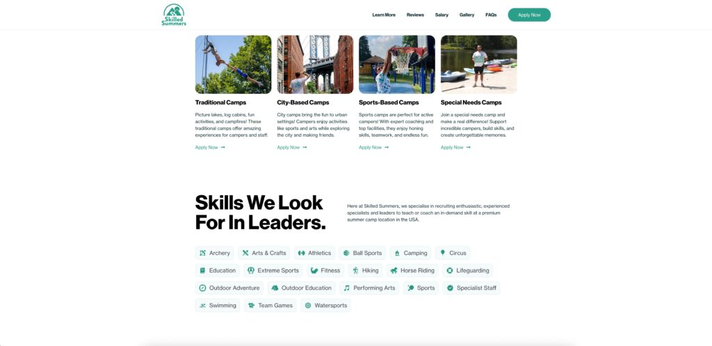 skilled summers landing page screenshot