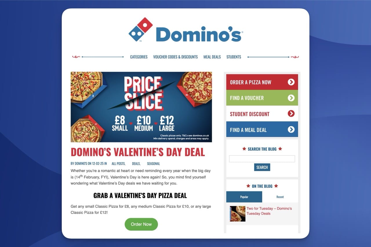 dominos pizza website content example