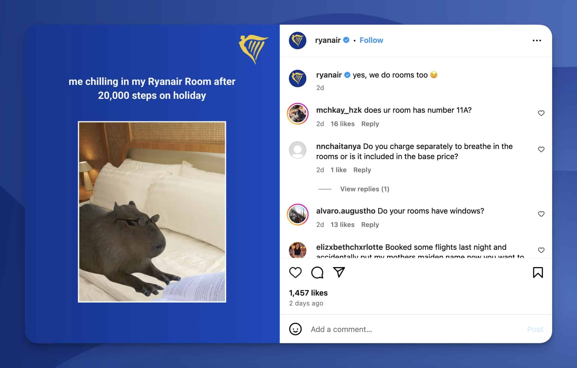 Ryan Air Instagram post showing original content