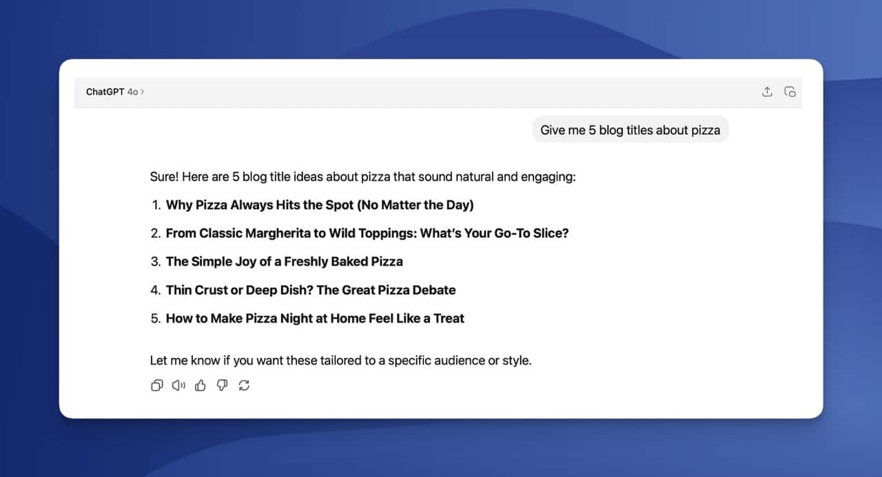 screenshot asking chatgpt for blog titles about pizza