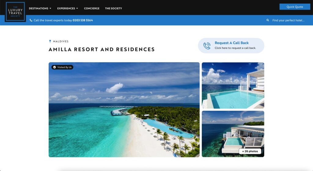travel website hotel page screenshot of the maldives