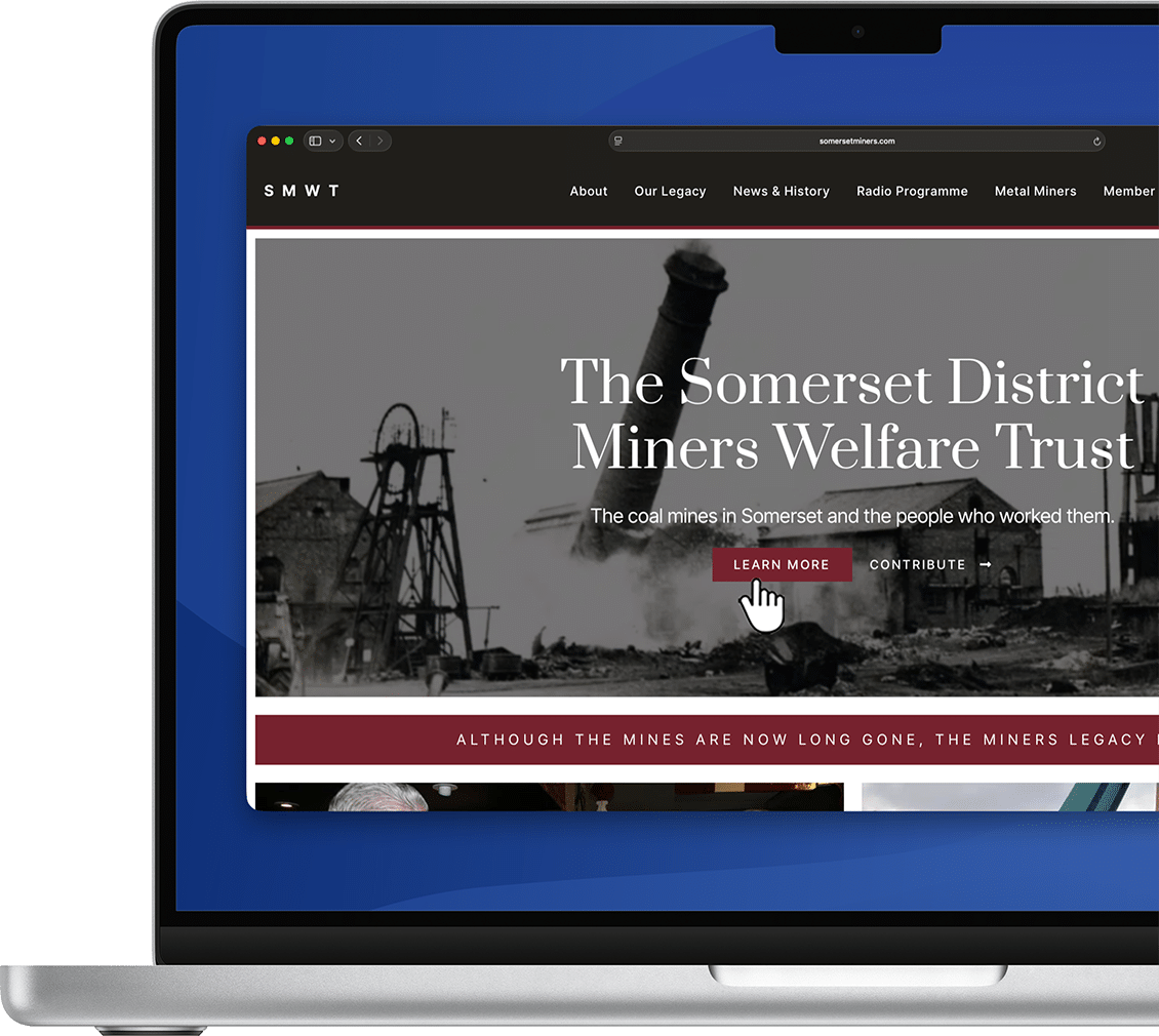 macbook pro with charity website open on safari with a blue wallpaper