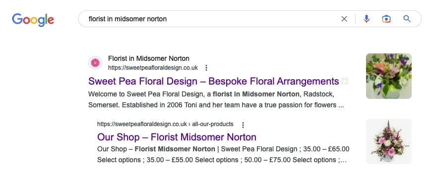 florist website screenshot in Google