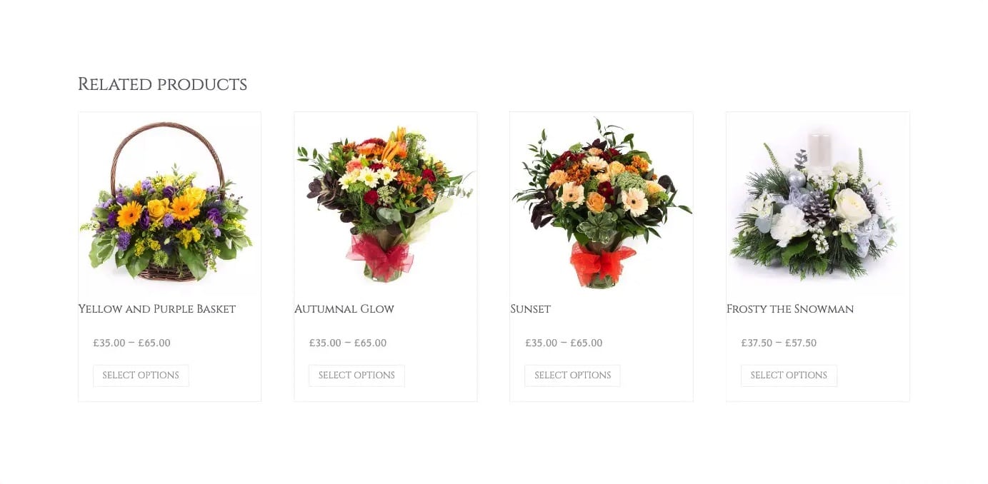 screenshot of a florist website with four bunches of flowers