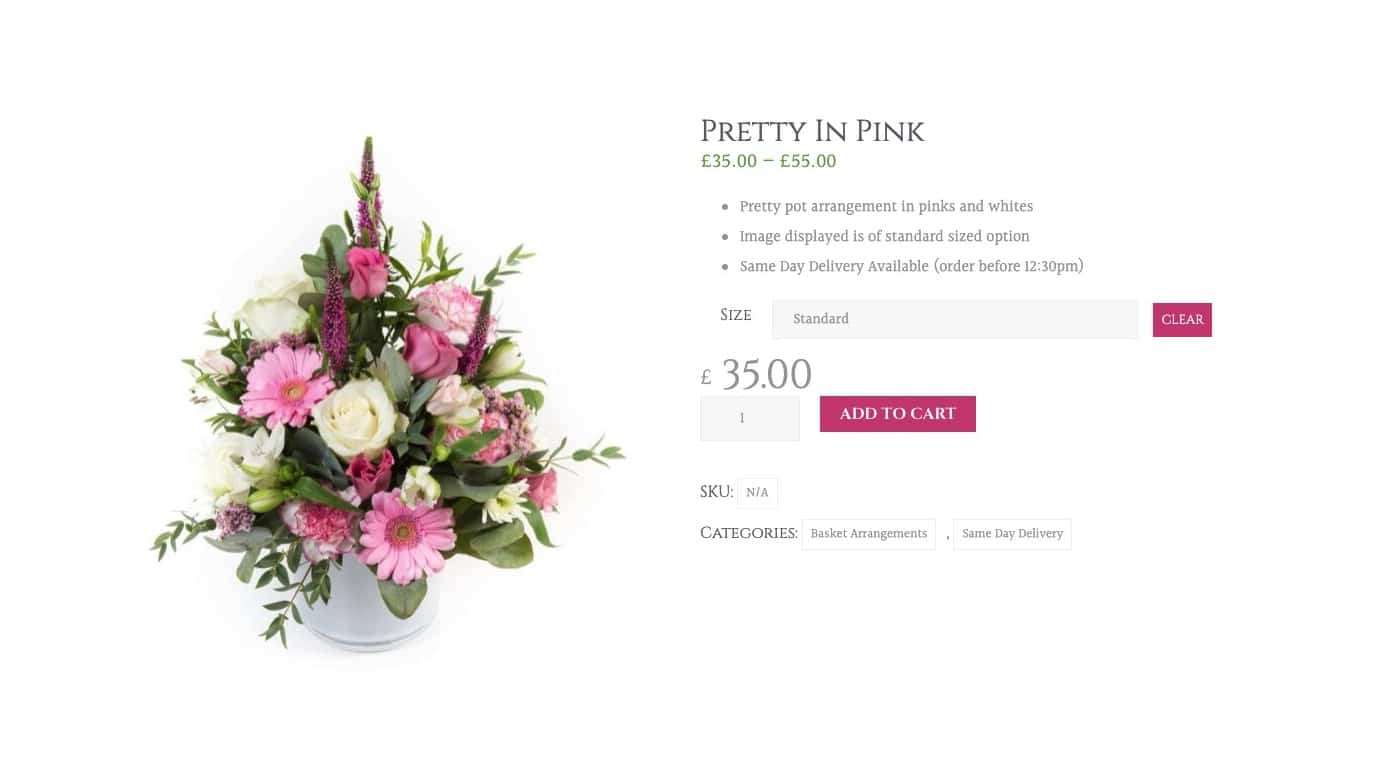 screenshot of a florist website with bunches of flowers to order