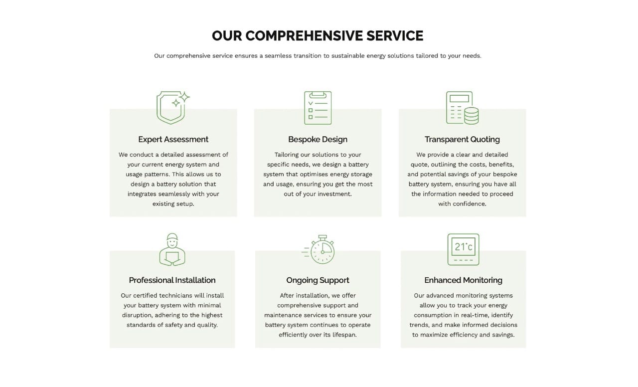 website screenshot showing services for renewables company