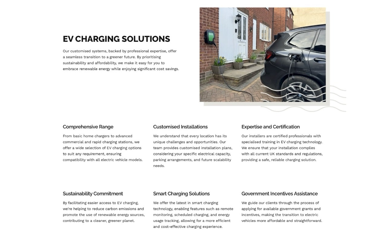 website showing various electrical vehicle charging installation services