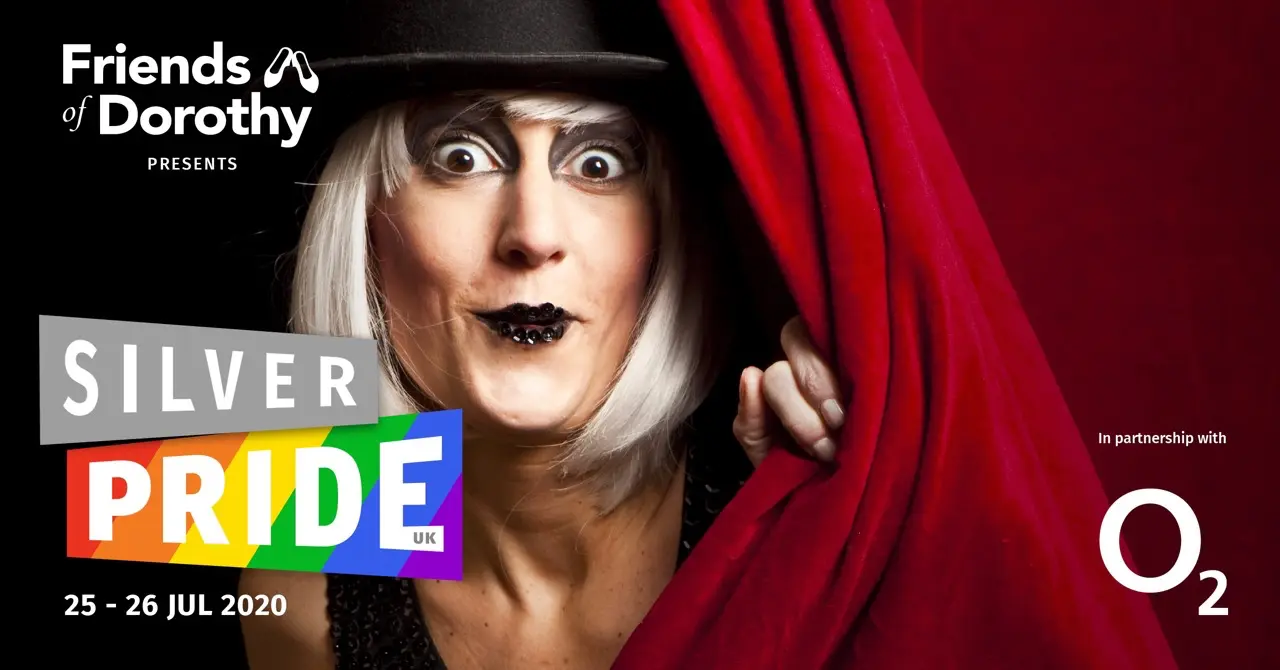 silver pride banner with person behind red curtain